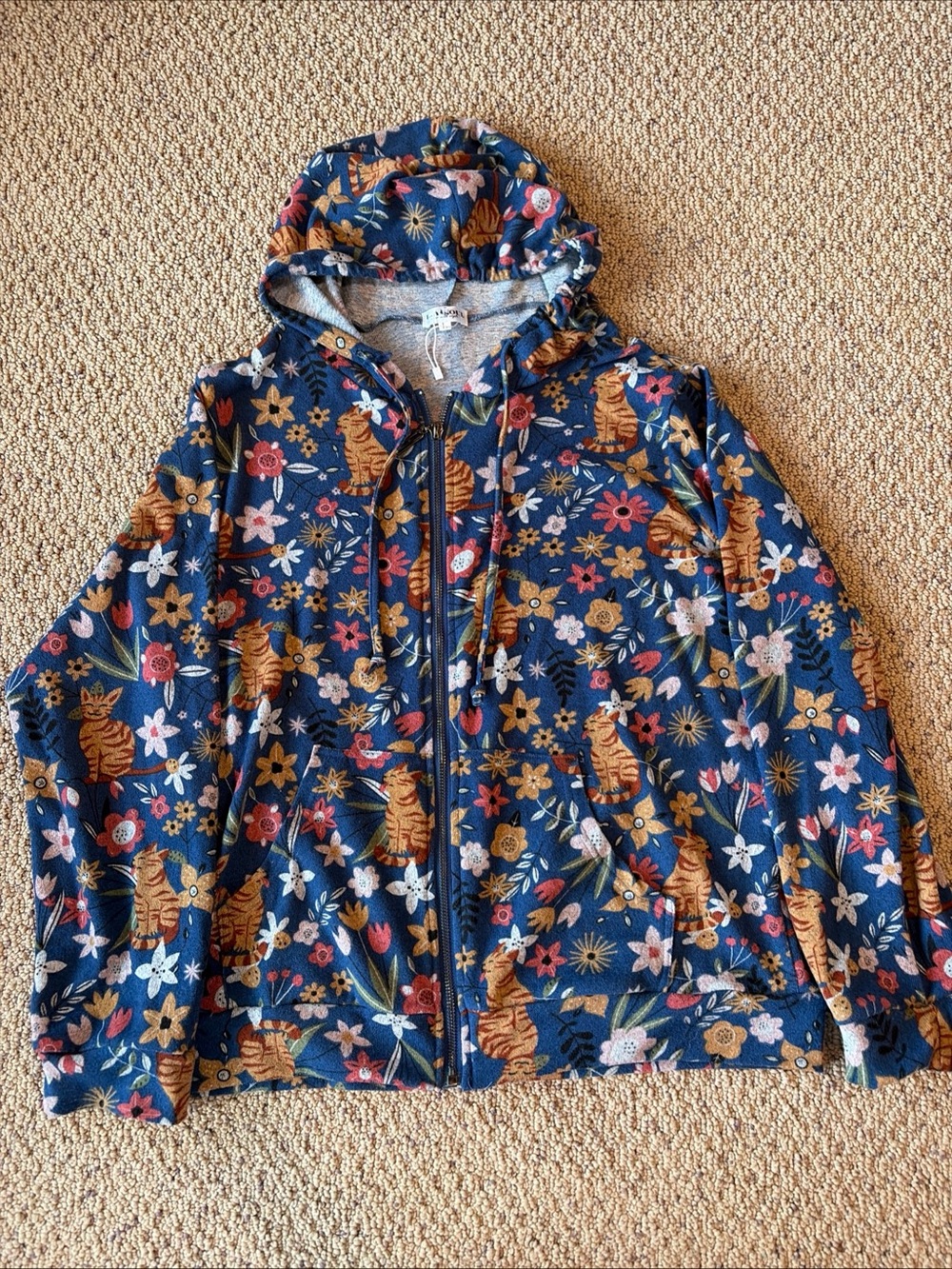 L.A. SOUL Floral Cat Print Zip Up Hoodie Sweatshirt Size Large Novelty Boho⁠